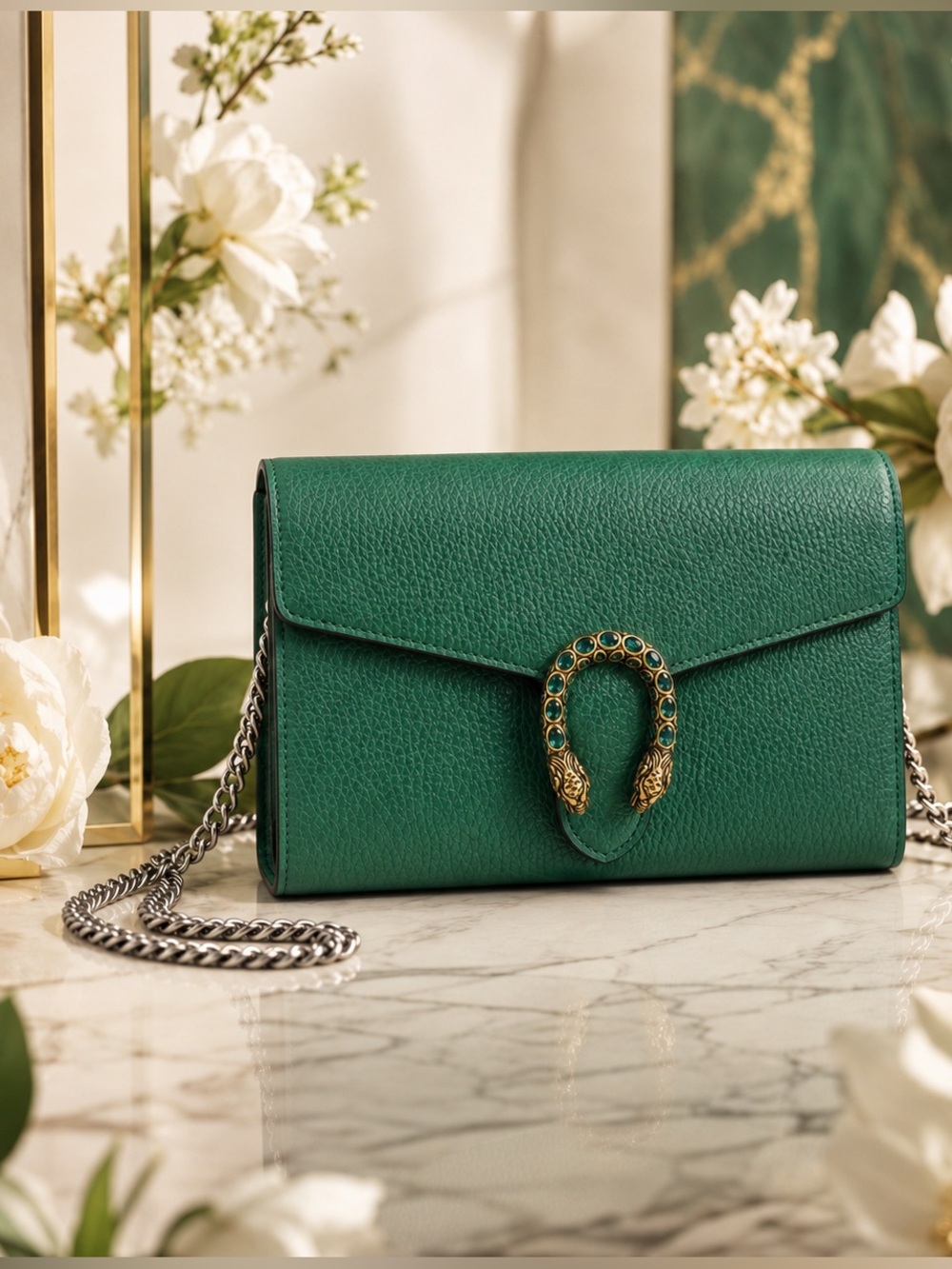 Gucci Dionysus Green Leather Wallet on Chain WOC Tiger Head Crossbody Bag